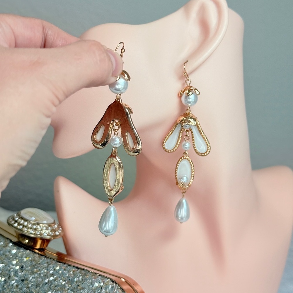 Gold and Pearl Dangle Earrings - Picture 6 of 6